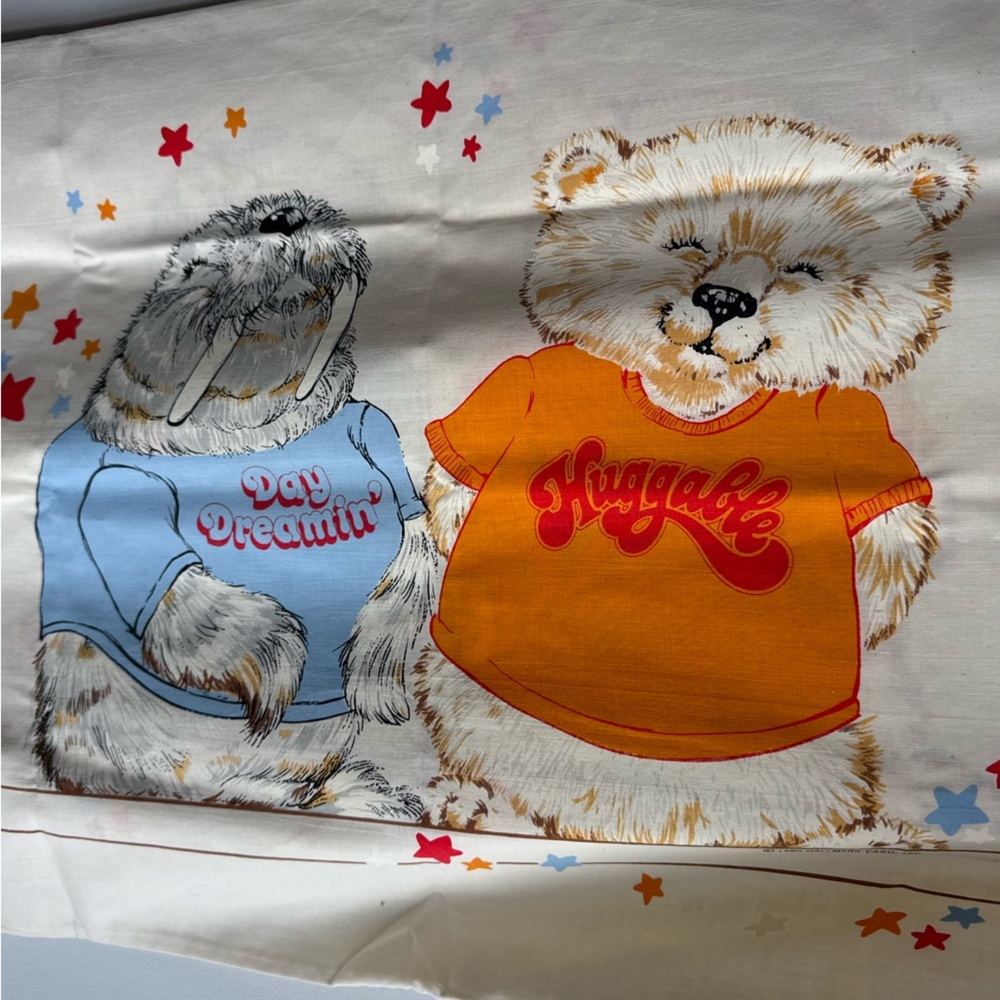 Vintage 1980 Shirt Tales Pillow Case Fabric Cartoon Bear Walrus Crafting Sewing
